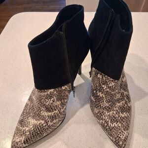 Trina Turk Black Suede /Snake  Patterned Ankle Boots